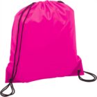 A bright pink drawstring backpack with black cords.