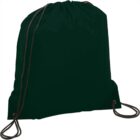 Dark green drawstring bag with black cords on a white background.