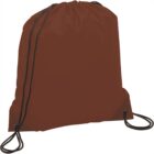 Brown drawstring backpack with black cords against a white background.