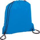 Blue drawstring backpack with black cords.