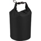 Black waterproof dry bag with a clipped roll-top closure and a carabiner attached.