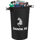 Black bag with SANTA FE logo, filled with various personal items.