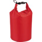Red waterproof dry bag with a black clip closure.