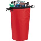 Red bag filled with various items including headphones and a book.