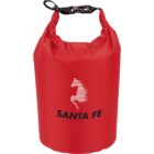 Red Santa Fe dry bag with a horse logo and black buckled strap.
