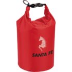 Red dry bag with Santa Fe and a horse logo printed on it.