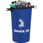 Blue Santa Fe bag filled with various items, including a wallet and electronics.