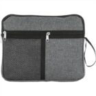 Gray zippered pouch with a mesh pocket and a wrist strap.