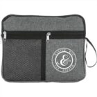 Gray zippered pouch with a mesh pocket and Harper Rye & Co. logo.