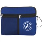 Blue zippered pouch with mesh pocket and Harper Rye & Co. logo.