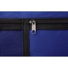 Close-up of a zipper on a blue mesh fabric backpack.