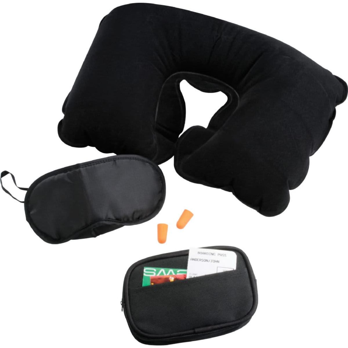 Travel kit with a neck pillow, sleep mask, earplugs, and a zippered pouch.