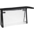Clear zippered bag with black trim and a textured handle.
