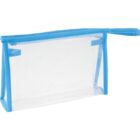 Clear rectangular pouch with blue fabric trim and zipper.