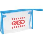 Clear rectangular bag with blue trim and decorative red text on the front.