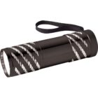 Black flashlight with silver diagonal stripes and a wrist strap.