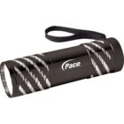 Black flashlight with Pace logo and a wrist strap.