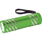 Green flashlight with striped design and a black wrist strap.