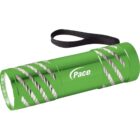 Green flashlight with a wrist strap, featuring the brand name Pace.