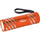 Orange flashlight with Pace logo and white diagonal stripes, attached black wrist strap.
