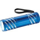 Blue flashlight with white swirl pattern and a black wrist strap.