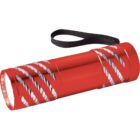 Red flashlight with silver stripes and a black wrist strap.
