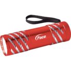 Red flashlight with a textured grip design and a black wrist strap.