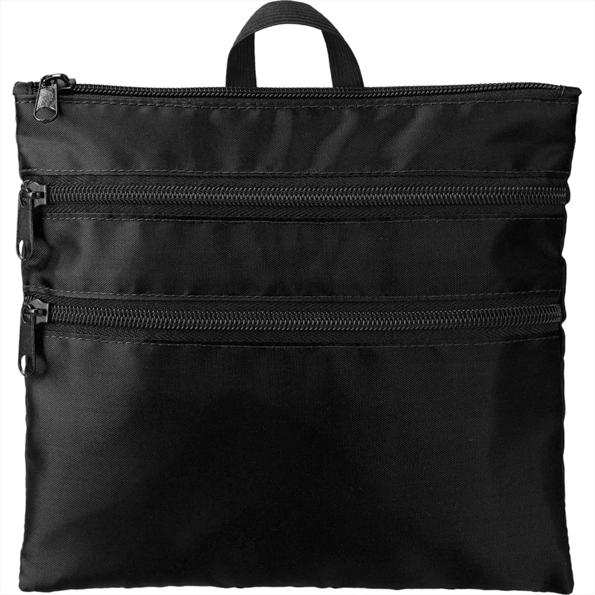 Black rectangular bag with three zippered compartments and a small handle on top.