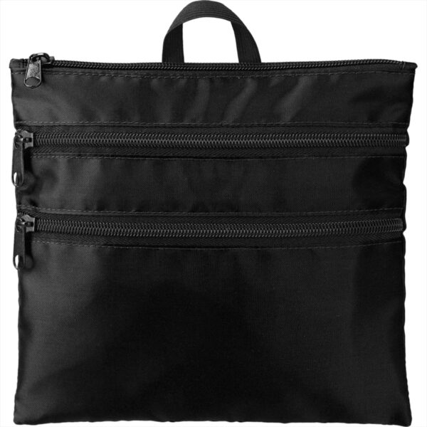 Black pouch with three zippered compartments and a handle on top.