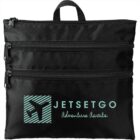 Black travel bag with three zippers, JetSetGo logo, and Adventure Awaits text.