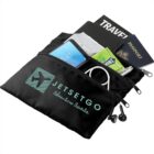 Travel pouch with phone, earphones, passport, pen, travel guide, tissue pack, and mints.
