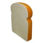 A single slice of white bread standing upright on a white background.