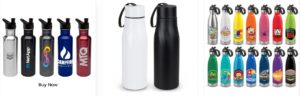 Eco-friendly drinkware with vibrant designs and logos on display.