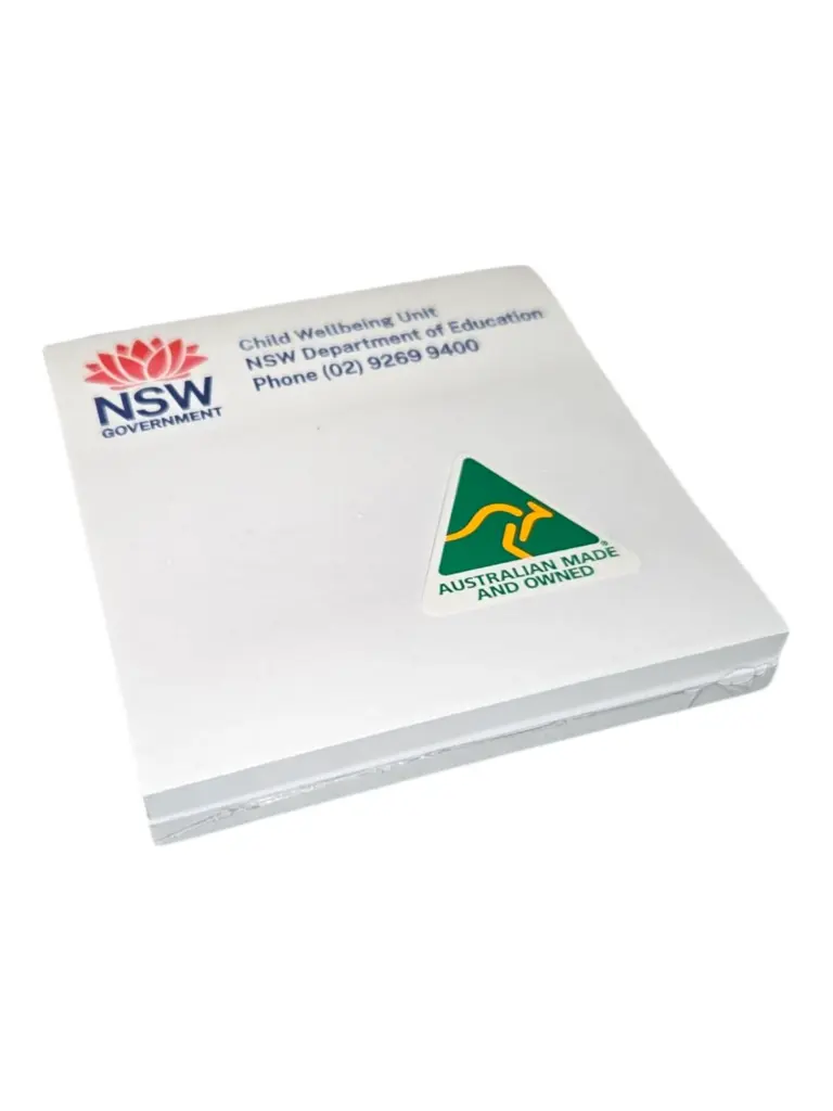 NSW notepad with contact info, boasting FSC-Certified paper and an Australian Made logo.