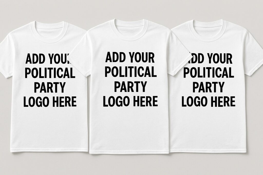 Three white election tees with ADD YOUR POLITICAL PARTY LOGO HERE in bold black text.