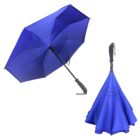 Blue inverted umbrella opened on left, closed and standing upright on right.