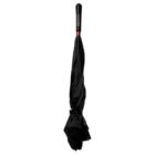 A closed black umbrella with a black handle standing upright against a white background.