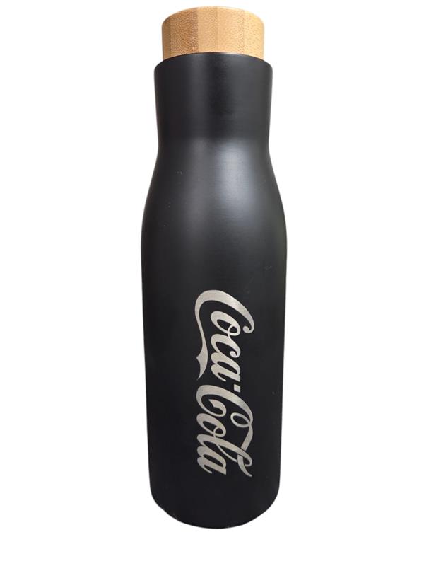 Sleek black vacuum bottle for Coca-Cola with a wooden lid