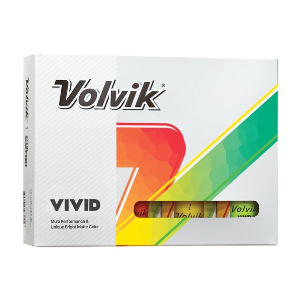 Custom Branded Volvik Vivid – 3 ball sleeves in a box with window and colorful balls inside.