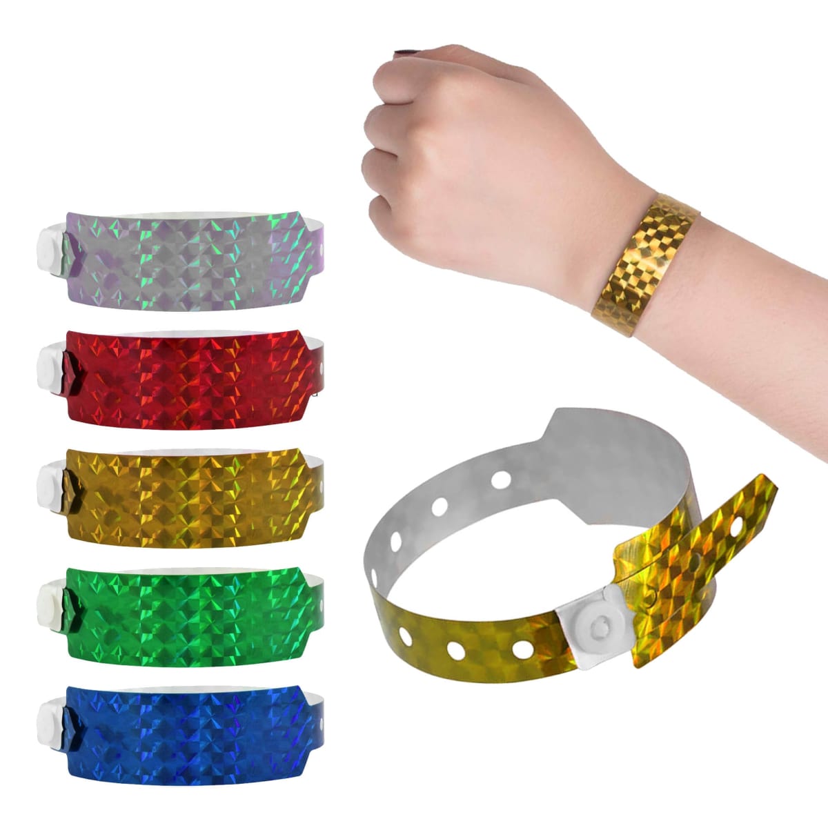 A hand wearing a gold holographic wristband, with five other colorful wristbands nearby.