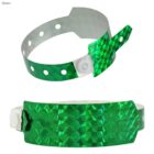 Green holographic wristbands with snap closures, one closed and one open.