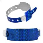 Two blue, holographic wristbands with adjustable closures.