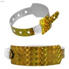 Two gold holographic wristbands with button clasps displayed on a white background.