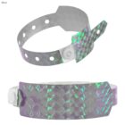 Silver holographic wristbands with a clasp and adjustable holes.