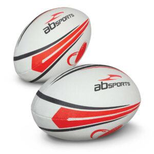 Two white rugby balls with red, black designs, and abSports branding—perfect for autumn sports.