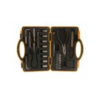 Yellow tool kit with pliers, screwdrivers, and sockets neatly arranged inside.