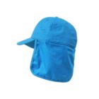Blue sun hat with a neck flap, viewed from the side.