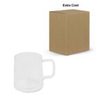 Clear glass mug with handle next to a plain brown cardboard box labeled Extra Cost.