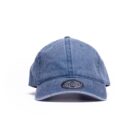 Blue denim baseball cap with a black and white embroidered logo on the front.