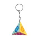 Colorful pyramid-shaped keychain with geometric patterns.